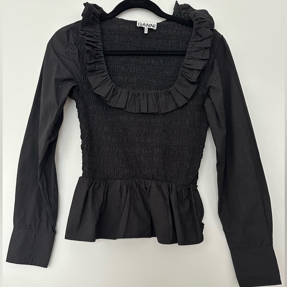 GANNI Black Ruffle cotton poplin smocking Blouse peplum square open neck size 34 - Picture 5 of 7